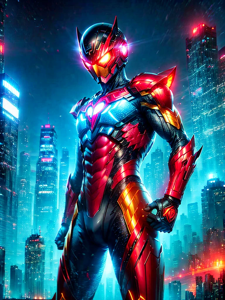 A tall superhero, standing confidently in his suit that glows with radiant energy. His suit is red and silver with glowing yellow patterns. His eyes are narrow and bright, behind a helmet which has a large fin-like structure. His hands are clenched into fists showing his willingness to fight. The background is the skyline of a bustling city under the blue sky.