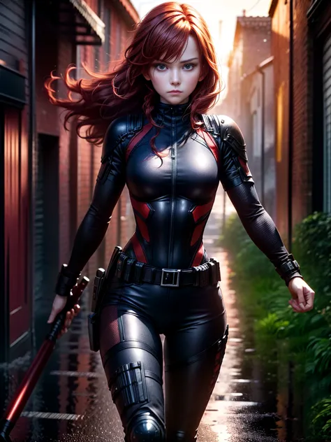 A young red-haired female character，Wearing a black tight combat suit，The belt is full of small tools，She strikes a vigorous fig...