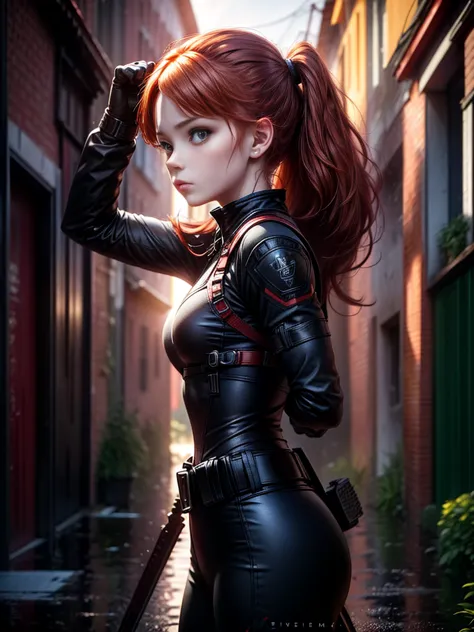 A young red-haired female character，Wearing a black tight combat suit，The belt is full of small tools，She strikes a vigorous fig...