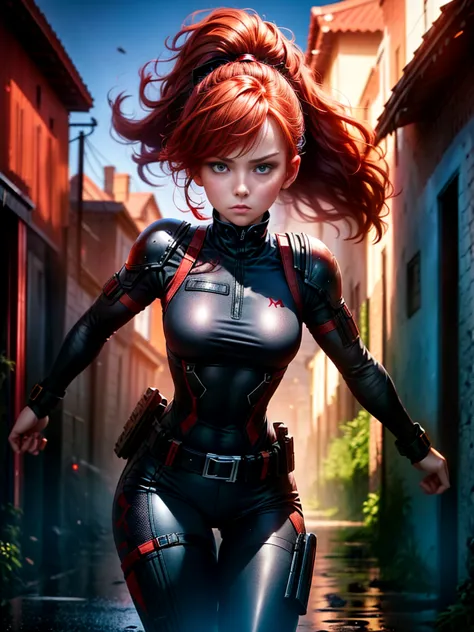 A young red-haired female character，Wearing a black tight combat suit，The belt is full of small tools，She strikes a vigorous fig...