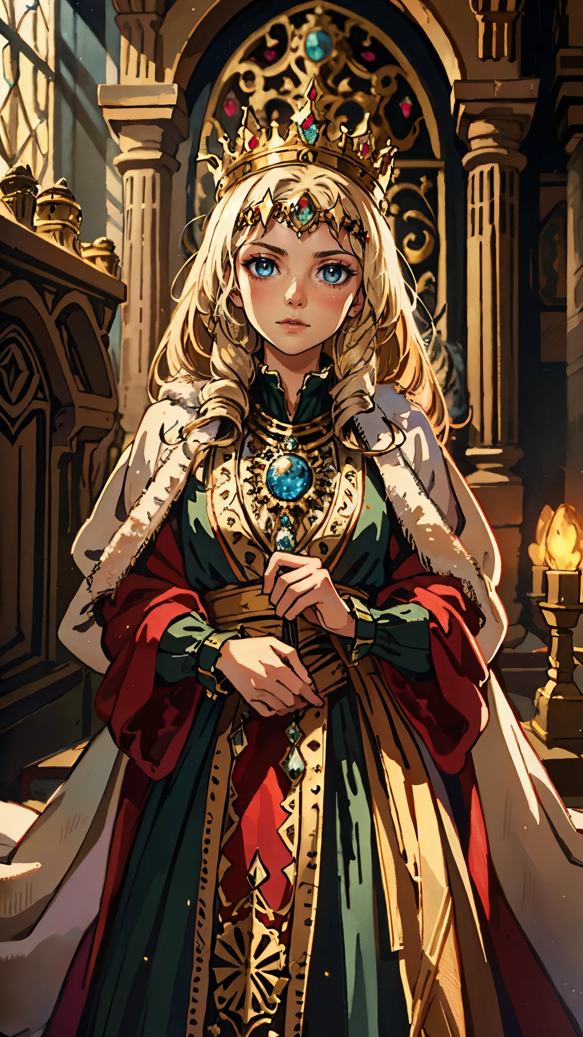 A girl with long golden hair, choppy bangs, Nordic heritage, a  figure, delicate facial features, pale skin, porcelain skin, an innocent yet determined gaze, she wears an exquisite headband, dressed in a fantasy-style Slavic royal dress, a fur shawl draped over her shoulders, wide sleeves, a luxurious layered skirt, the background features a fantasy-style royal castle, this character embodies a finely crafted fantasy-style Slavic princess in anime style, exquisite and mature manga art style, high definition, best quality, highres, ultra-detailed, ultra-fine painting, extremely delicate, professional, anatomically correct, symmetrical face, extremely detailed eyes and face, high quality eyes, creativity, RAW photo, UHD, 32k, Natural light, cinematic lighting, masterpiece-anatomy-perfect, masterpiece:1.5