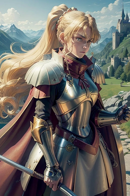 masterpiece, best quality, 1 Girl, clamp, Blonde Hair, long hair, Ponytail, Green Eyes, armor, cape, Solitary, Medieval castle, Swiss mountains background 