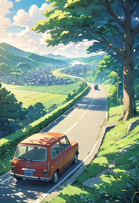 a painting of a car driving down a road next to a lush green hillside, anime countryside landscape, makoto shinkai. high detail,...