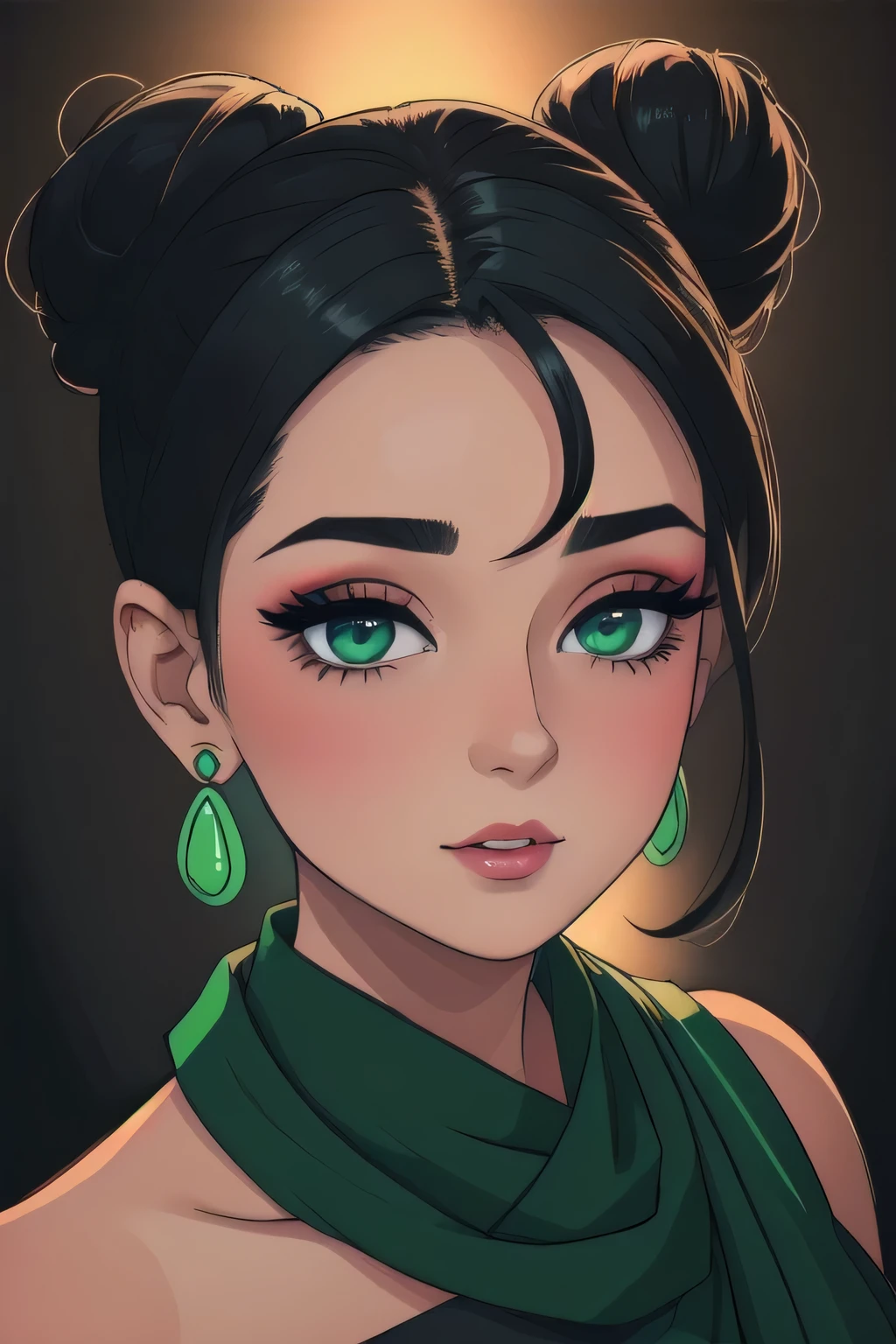  Amazing portrait of a sexy woman with a beautiful face emphasized by amazing makeup and beautifully detailed eyes with perfect lips wearing her black hair in a messy bun blushing intensely as she's flustered and lustful wearing some elegant earrings and a black blouse paired with a sheer dark green saree making her look hot with vibrant colors and soft lighting