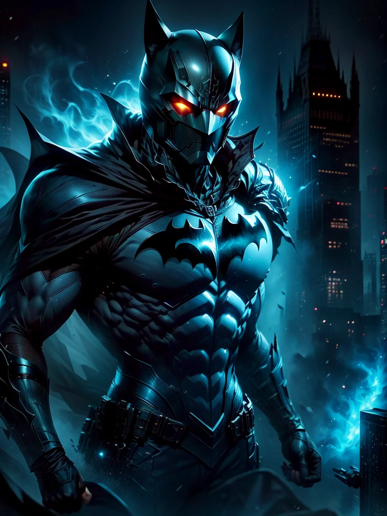 A tall superhero, standing confidently in his suit that glows with radiant energy. His suit is red and silver with glowing yellow patterns. His eyes are narrow and bright, behind a helmet which has a large fin-like structure. His hands are clenched into fists showing his willingness to fight. The background is the skyline of a bustling city under the blue sky.