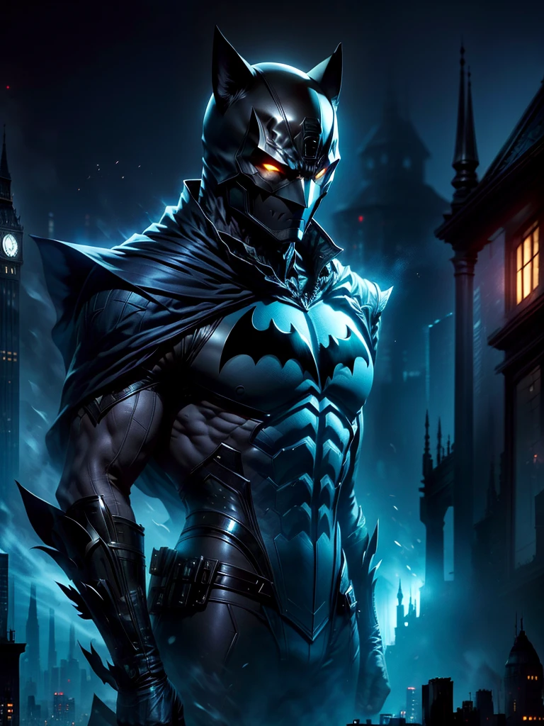 A tall superhero, standing confidently in his suit that glows with radiant energy. His suit is red and silver with glowing yellow patterns. His eyes are narrow and bright, behind a helmet which has a large fin-like structure. His hands are clenched into fists showing his willingness to fight. The background is the skyline of a bustling city under the blue sky.