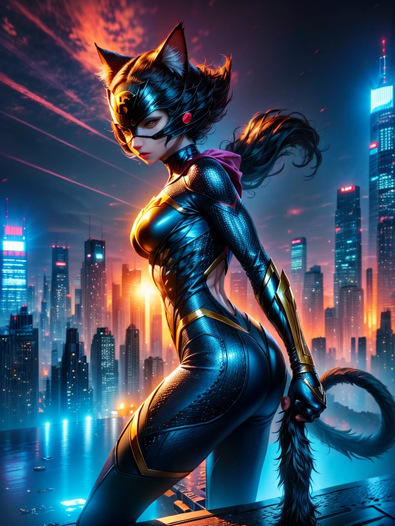 A superhero character resembling a cat, with vibrant colors and unique characteristics. The superhero should have a sleek costume, indicative of its feline inspiration, with visual elements such as a tail, ears, and possibly claws. The surroundings are a cityscape, under a bright blue sky. This superhero is standing tall on a rooftop, ready to leap into action.