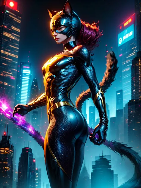 A superhero character resembling a cat, with vibrant colors and unique characteristics. The superhero should have a sleek costum...