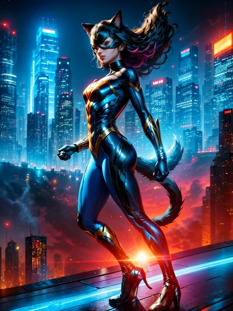 A superhero character resembling a cat, with vibrant colors and unique characteristics. The superhero should have a sleek costum...