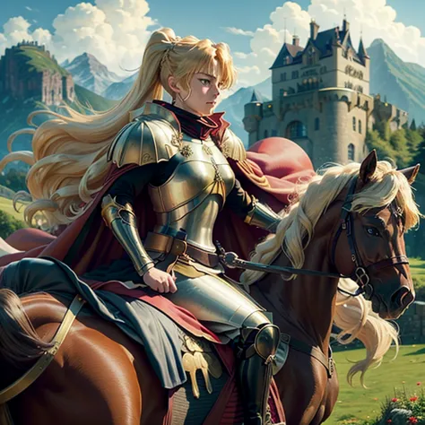 masterpiece, best quality, 1 girl, clamp, blonde hair, long hair, ponytail, green eyes, armor, cape, solitary, medieval castle, ...