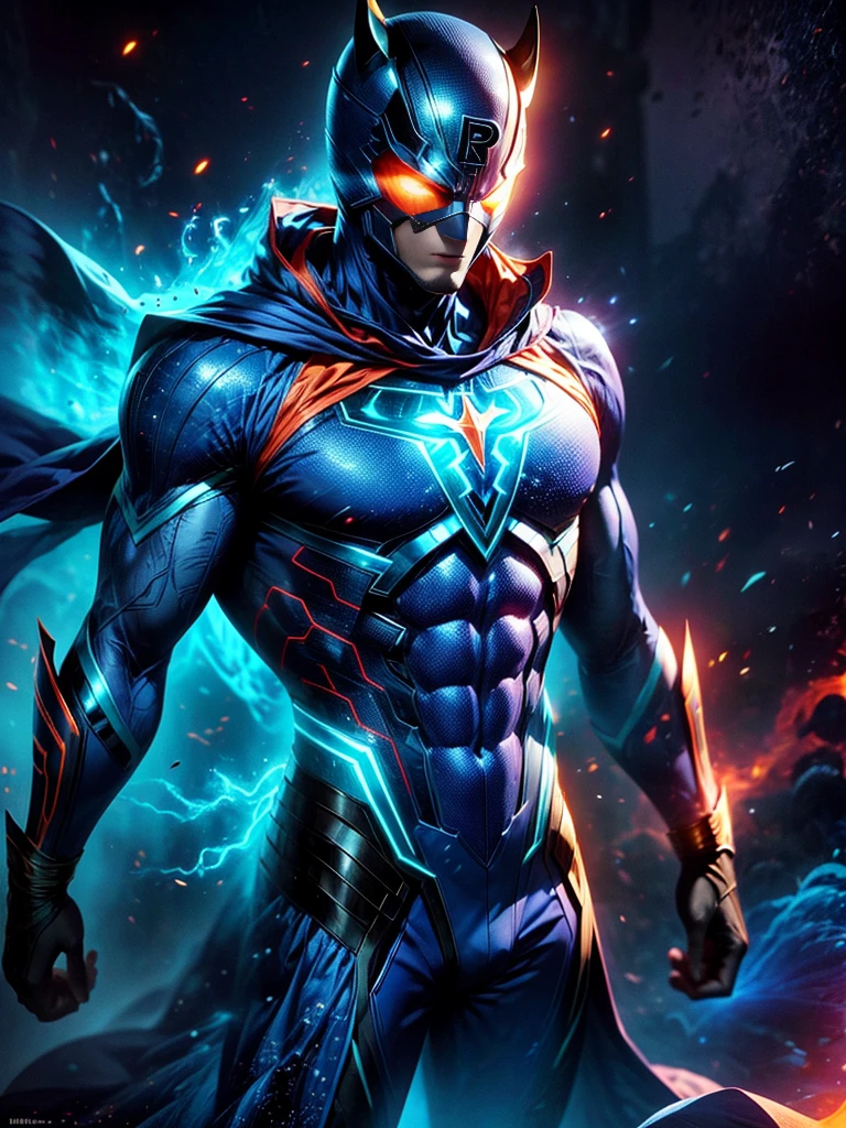 A tall superhero, standing confidently in his suit that glows with radiant energy. His suit is red and silver with glowing yellow patterns. His eyes are narrow and bright, behind a helmet which has a large fin-like structure. His hands are clenched into fists showing his willingness to fight. The background is the skyline of a bustling city under the blue sky.