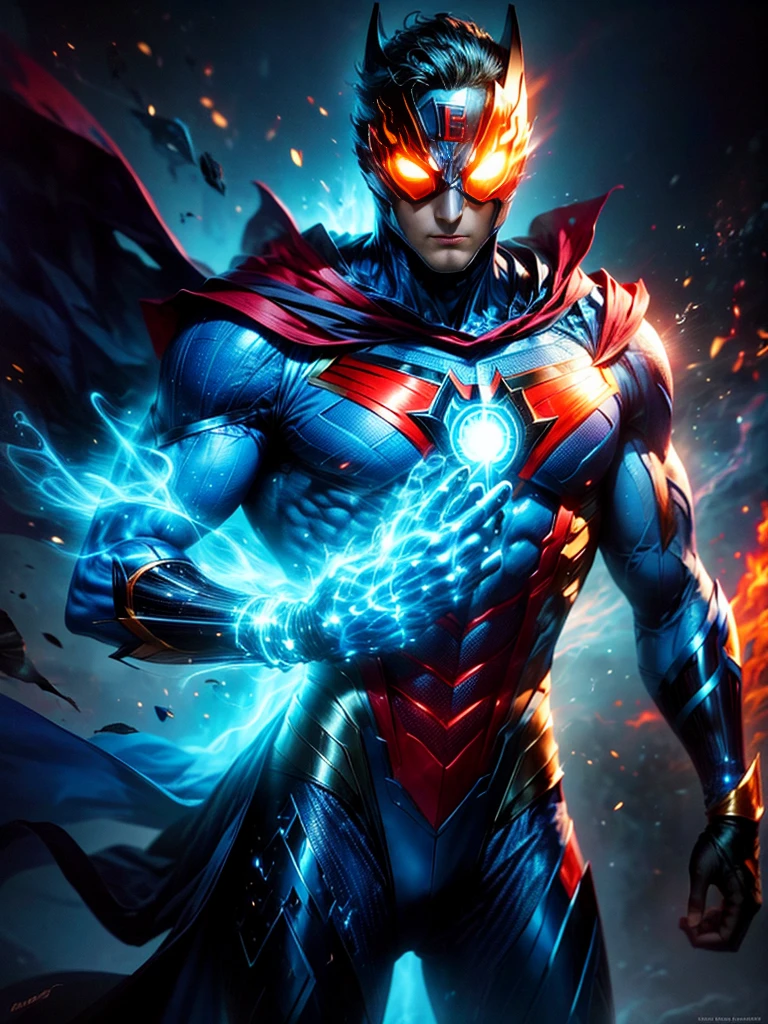 A tall superhero, standing confidently in his suit that glows with radiant energy. His suit is red and silver with glowing yellow patterns. His eyes are narrow and bright, behind a helmet which has a large fin-like structure. His hands are clenched into fists showing his willingness to fight. The background is the skyline of a bustling city under the blue sky.