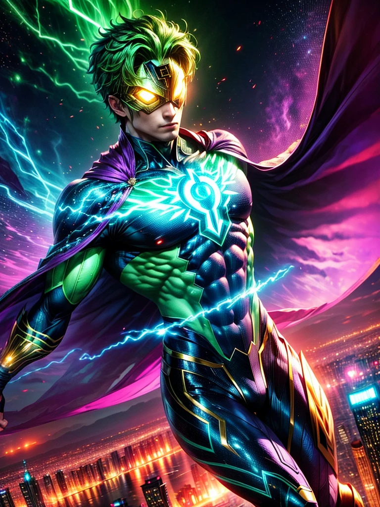 A tall superhero, standing confidently in his suit that glows with radiant energy. His suit is red and silver with glowing yellow patterns. His eyes are narrow and bright, behind a helmet which has a large fin-like structure. His hands are clenched into fists showing his willingness to fight. The background is the skyline of a bustling city under the blue sky.