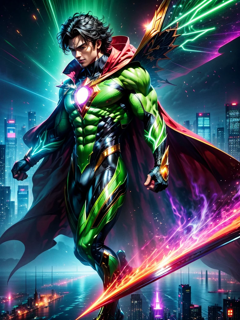 A tall superhero, standing confidently in his suit that glows with radiant energy. His suit is red and silver with glowing yellow patterns. His eyes are narrow and bright, behind a helmet which has a large fin-like structure. His hands are clenched into fists showing his willingness to fight. The background is the skyline of a bustling city under the blue sky.