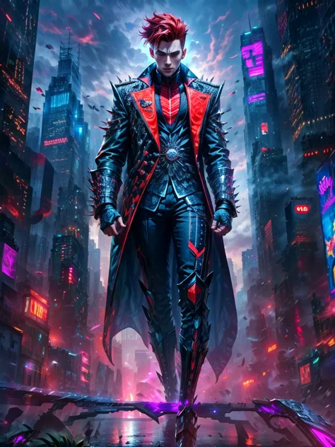 Imagine a supervillain standing atop a tall skyscraper, looking down at the city below. The villain is male and Black, with brig...