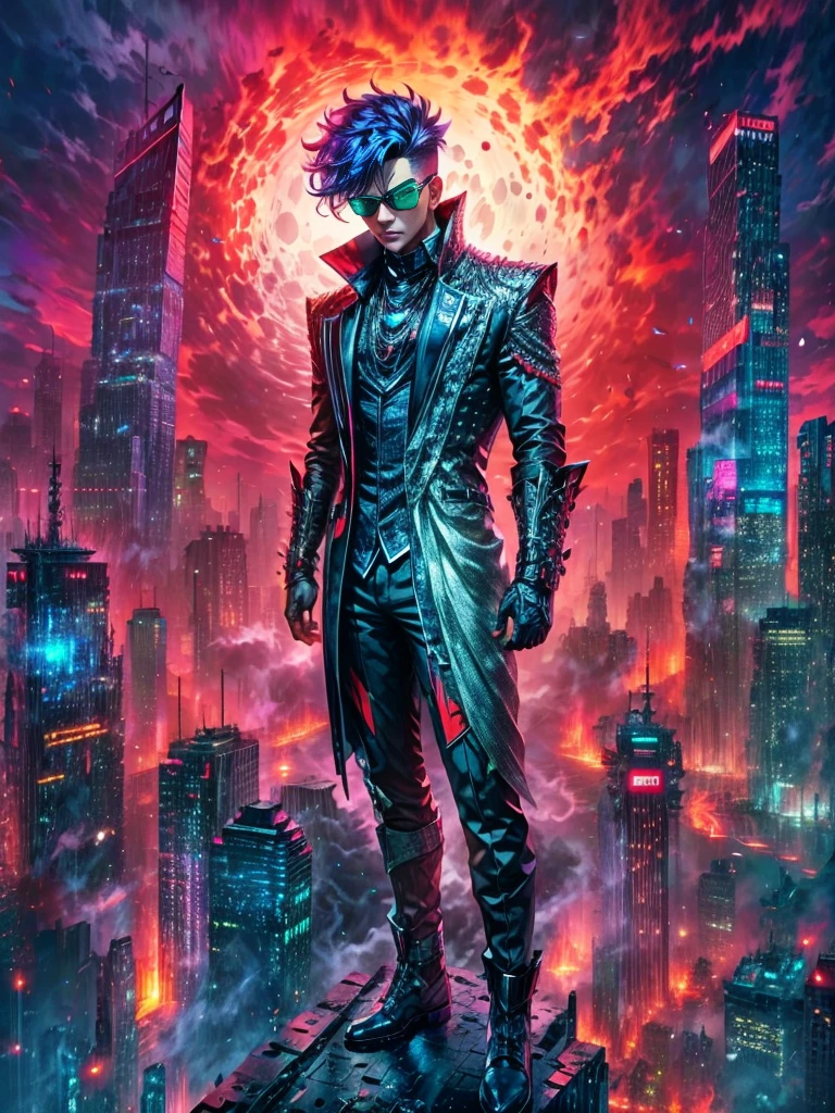 Imagine a supervillain standing atop a tall skyscraper, looking down at the city below. The villain is male and Black, with bright red hair styled in a spiked, eye-catching cut. He's clad in a dazzling, futuristic attire color-coordinated in shades of vibrant violet and electric blue, accented with gleaming silver metallic pieces. His facial expression is one of determined ambition, a sign of his longing for conquest. His eyes, an eerie luminous green, exude an unsettling sense of power. Around him, the slow swirl of dark clouds darken the skies, juxtaposing his vibrant attire and highlighting the imminent danger his presence suggests.