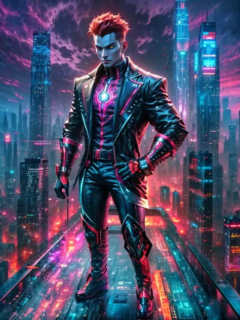 Imagine a supervillain standing atop a tall skyscraper, looking down at the city below. The villain is male and Black, with brig...