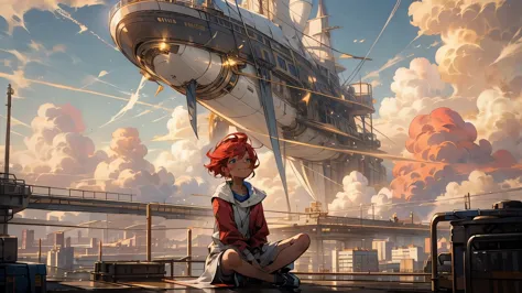 girl１people,Futuristic buildings,A golden airship flying in the sky,Blue sky,Flowing Clouds,sit,Looking up at the sky in the dis...