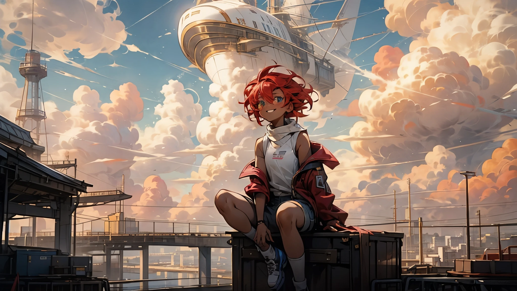 girl１people,Futuristic buildings,A golden airship flying in the sky,Blue sky,Flowing Clouds,sit,Looking up at the sky in the distance,Short Hair,Shortcuts,Red hair color,Blue Eyes,11 years old,boyish,Asian people,smile,Primary school students,Sunburned skin,Being thin,freckles,White shorts,White tank top,Red jacket,Low position、