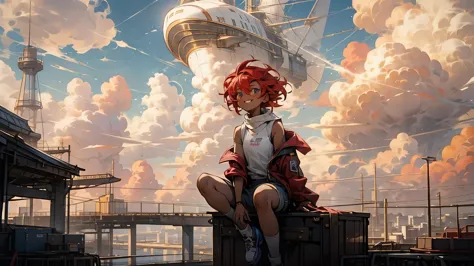 girl１people,futuristic buildings,a golden airship flying in the sky,blue sky,flowing clouds,sit,looking up at the sky in the dis...