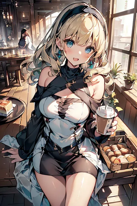 (perky chest:1.2), (pointed chest:1.2),(((Black Tunic:1.3))),(((cakes and bread in the basket),Cute and beautiful girl,Cute roun...