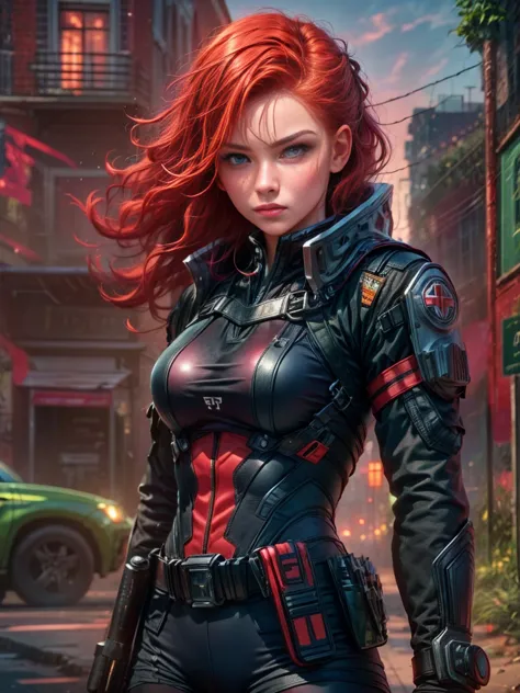 A young red-haired female character，Wearing a black tight combat suit，The belt is full of small tools，She strikes a vigorous fig...