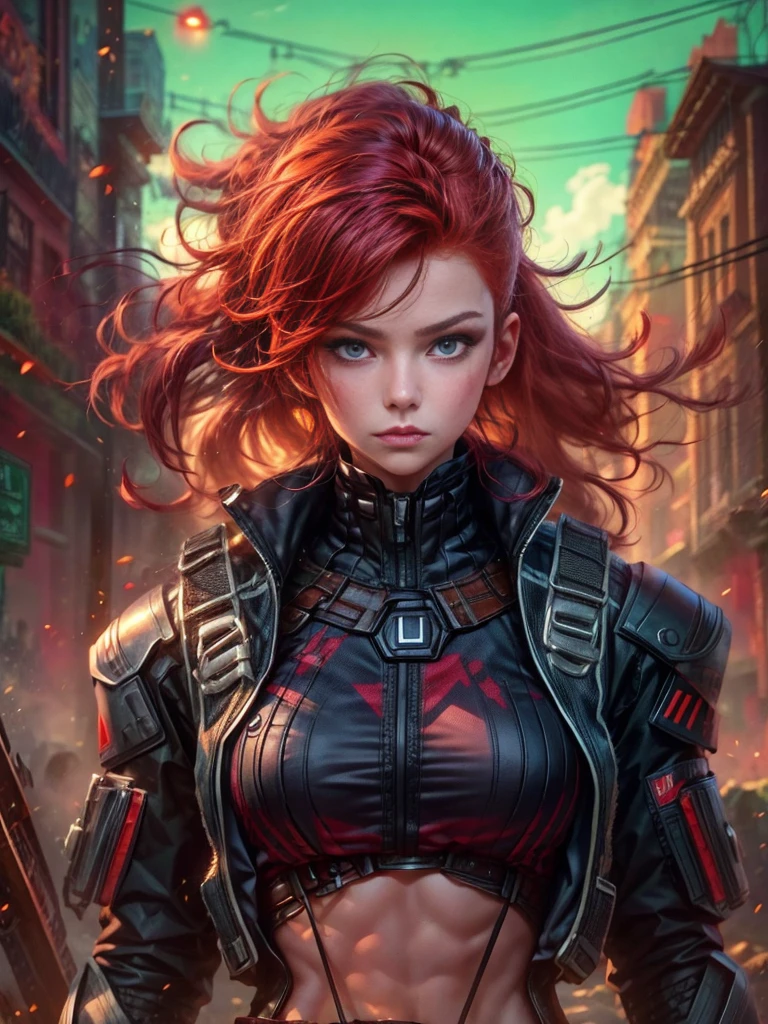 A young red-haired female character，Wearing a black tight combat suit，The belt is full of small tools，She strikes a vigorous fighting stance，Always ready for any challenge，She stands in front of a suburban background，This is a typical quiet neighborhood.，Her eyes were filled with determination.，Reflecting her fearless nature