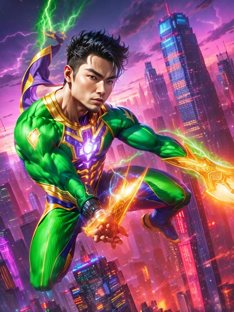 Imagine a superhero with a diverse array of powers. This superhero has a shiny green suit emblazoned with a golden lightning bolt symbol. Their helmet is designed with sleek wings on both sides. The superhero is Asian male with muscular build. He has laser-beaming eyes, and his hands glow as if he can release energy blasts. Besides these, he also has the ability to fly and possesses super-human strength. An iconic visual element is the large, elaborate cape flowing behind him. The background is a bustling metropolitan cityscape at dusk with skyscrapers reach into the purple and orange evening sky.