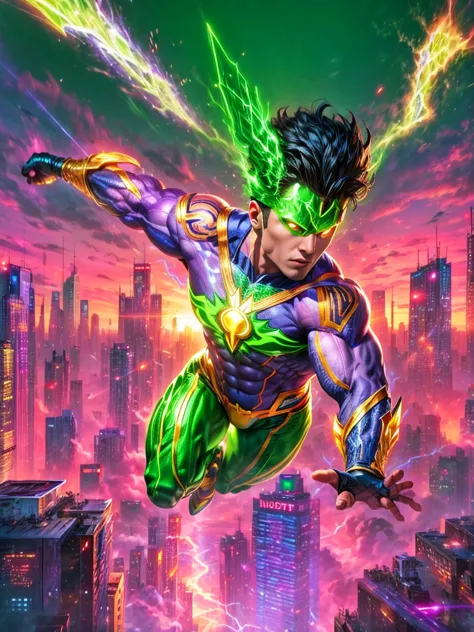 Imagine a superhero with a diverse array of powers. This superhero has a shiny green suit emblazoned with a golden lightning bol...