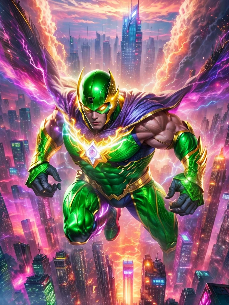 Imagine a superhero with a diverse array of powers. This superhero has a shiny green suit emblazoned with a golden lightning bolt symbol. Their helmet is designed with sleek wings on both sides. The superhero is Asian male with muscular build. He has laser-beaming eyes, and his hands glow as if he can release energy blasts. Besides these, he also has the ability to fly and possesses super-human strength. An iconic visual element is the large, elaborate cape flowing behind him. The background is a bustling metropolitan cityscape at dusk with skyscrapers reach into the purple and orange evening sky.