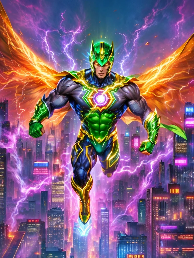 A tall superhero, standing confidently in his suit that glows with radiant energy. His suit is red and silver with glowing yellow patterns. His eyes are narrow and bright, behind a helmet which has a large fin-like structure. His hands are clenched into fists showing his willingness to fight. The background is the skyline of a bustling city under the blue sky.