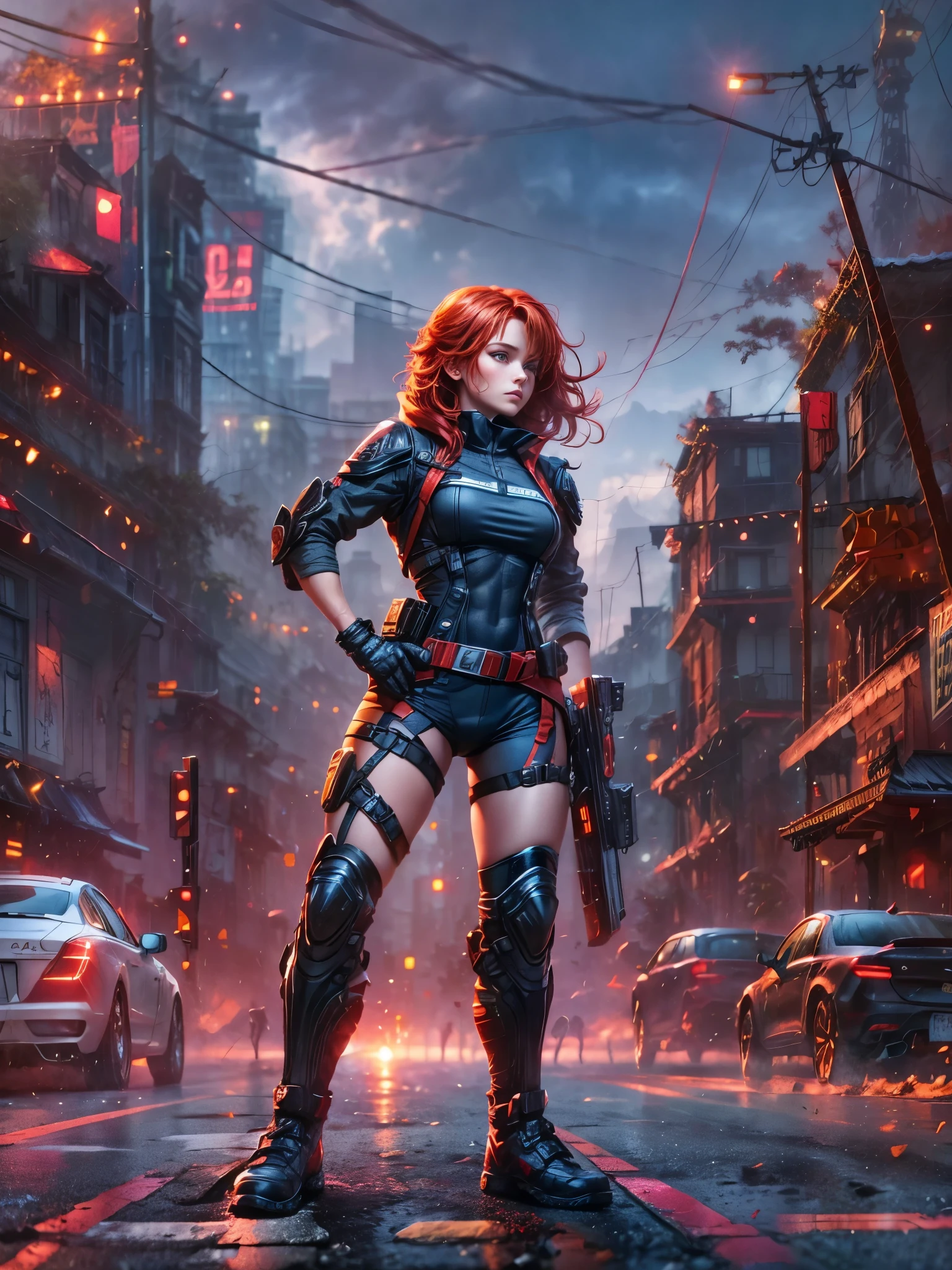 A young red-haired female character，Wearing a black tight combat suit，The belt is full of small tools，She strikes a vigorous fighting stance，Always ready for any challenge，She stands in front of a suburban background，This is a typical quiet neighborhood.，Her eyes were filled with determination.，Reflecting her fearless nature