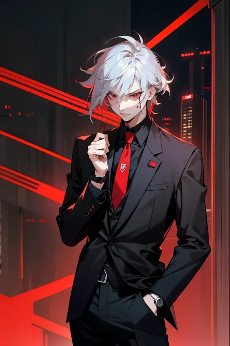 1male, adult, silver hair, short hair, black suit, red tie, red eyes, perfect generation, perfect eyes, black pants, fancy watch...