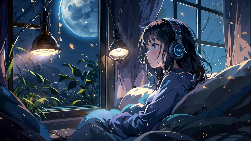 Create an illustration of a girl with dark hair and blue eyes, sitting sideways in front of the window of her room, She is wearing headphones and has a sentimental and introspective expression, Moonlight softly shines into the room, gently illuminating the space, Curtains sway in the breeze, enhancing the serene, melancholic atmosphere, Emphasizing the themes of solitude, silence, and the depths of night, the room is dark but slightly illuminated by moonlight