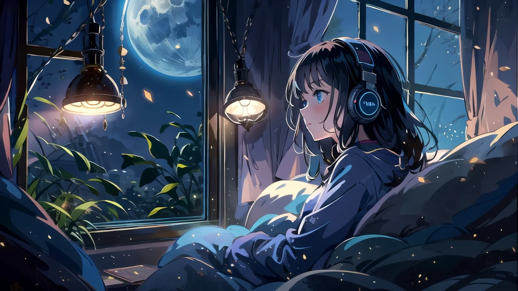 Créer une illustration d&#39;une fille aux cheveux foncés et aux yeux bleus, assise de côté devant la fenêtre de sa chambre, Elle porte des écouteurs et a une expression sentimentale et introspective, Le clair de lune brille doucement dans la pièce, éclairer doucement l&#39;espace, Les rideaux se balancent au gré de la brise, améliorer la sérénité, ambiance mélancolique, Mettre l&#39;accent sur les thèmes de la solitude, Silence, Et les profondeurs de la nuit, la pièce est sombre mais légèrement éclairée par le clair de lune