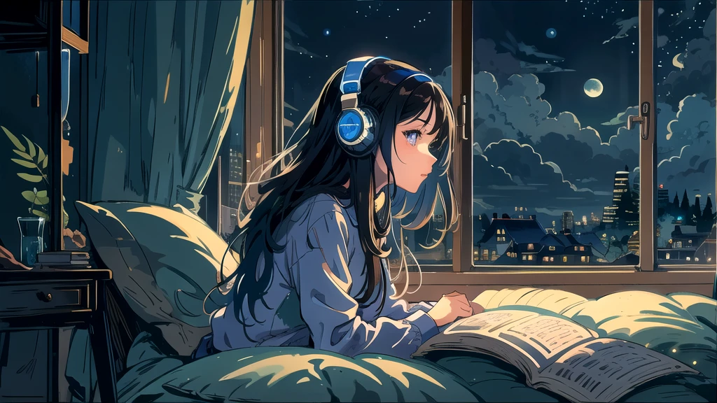 Create an illustration of a girl with dark hair and blue eyes, sitting sideways in front of the window of her room, She is wearing headphones and has a sentimental and introspective expression, Moonlight softly shines into the room, gently illuminating the space, Curtains sway in the breeze, enhancing the serene, melancholic atmosphere, Emphasizing the themes of solitude, silence, and the depths of night, the room is dark but slightly illuminated by moonlight