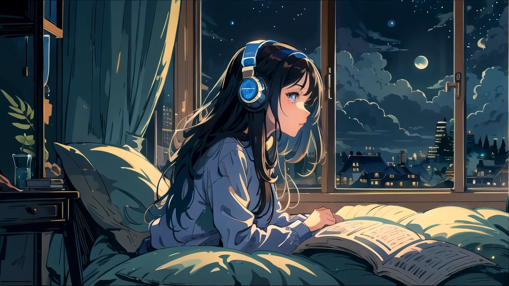 Créer une illustration d&#39;une fille aux cheveux foncés et aux yeux bleus, assise de côté devant la fenêtre de sa chambre, Elle porte des écouteurs et a une expression sentimentale et introspective, Le clair de lune brille doucement dans la pièce, éclairer doucement l&#39;espace, Les rideaux se balancent au gré de la brise, améliorer la sérénité, ambiance mélancolique, Mettre l&#39;accent sur les thèmes de la solitude, Silence, Et les profondeurs de la nuit, la pièce est sombre mais légèrement éclairée par le clair de lune