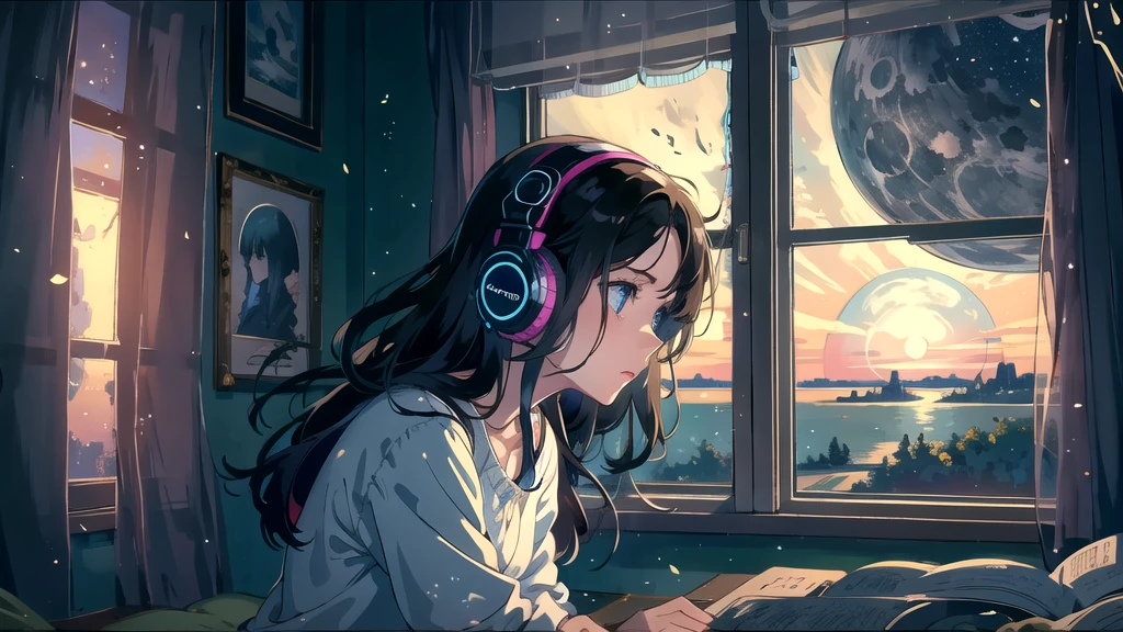 Create an illustration of a girl with dark hair and blue eyes, sitting sideways in front of the window of her room, She is wearing headphones and has a sentimental and introspective expression, Moonlight softly shines into the room, gently illuminating the space, Curtains sway in the breeze, enhancing the serene, melancholic atmosphere, Emphasizing the themes of solitude, silence, and the depths of night, the room is dark but slightly illuminated by moonlight