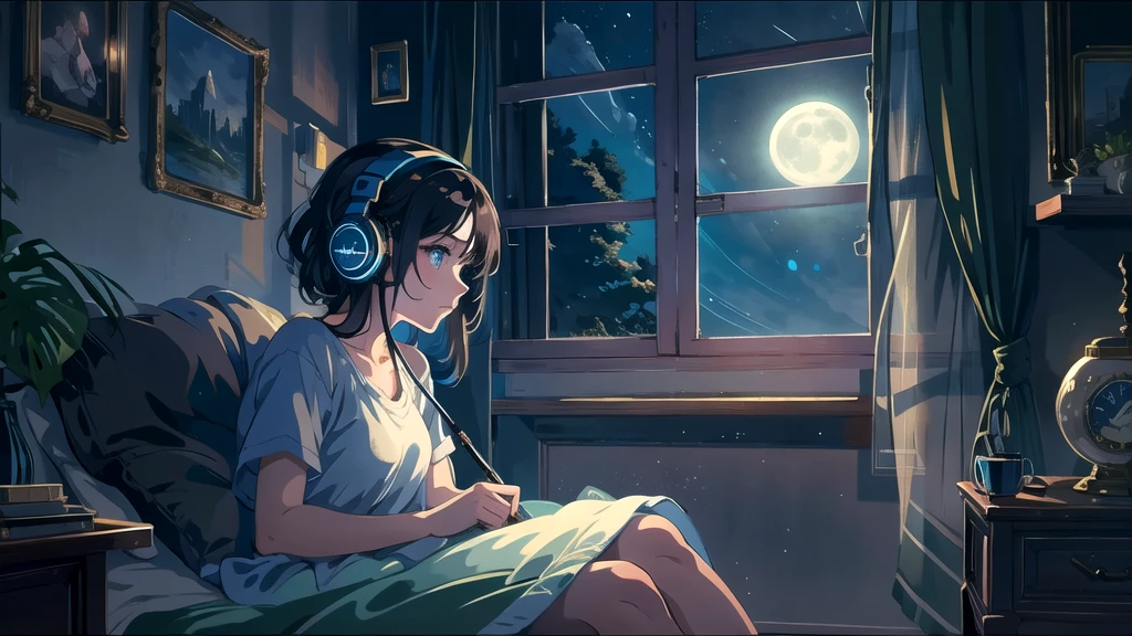 Create an illustration of a girl with dark hair and blue eyes, sitting sideways in front of the window of her room, She is wearing headphones and has a sentimental and introspective expression, Moonlight softly shines into the room, gently illuminating the space, Curtains sway in the breeze, enhancing the serene, melancholic atmosphere, Emphasizing the themes of solitude, silence, and the depths of night, the room is dark but slightly illuminated by moonlight