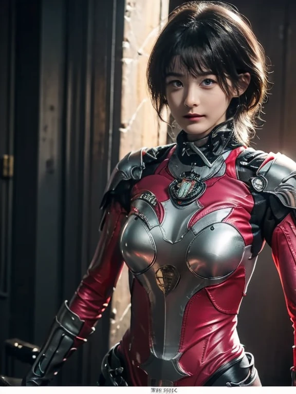 1 girl, (Riding belt:1), gloves, Hime cut, Blunt bangs, (armor:1), Bodysuits,Pink Power Range Lemel、Realistic, shiny pink and white suit、パワーレンジャーBodysuits、Realism style female model、Wearing tight combat gear and holding weapons、Image of soldiers preparing for battle in a ruined city。The details of the background and the texture of the combat uniforms are depicted realistically.。