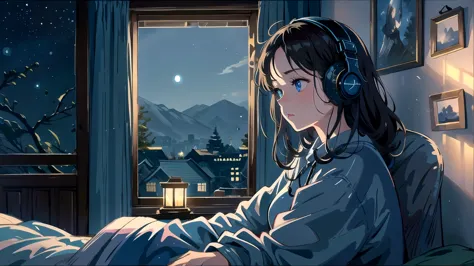 Create an illustration of a girl with dark hair and blue eyes, sitting sideways in front of the window of her room, She is weari...