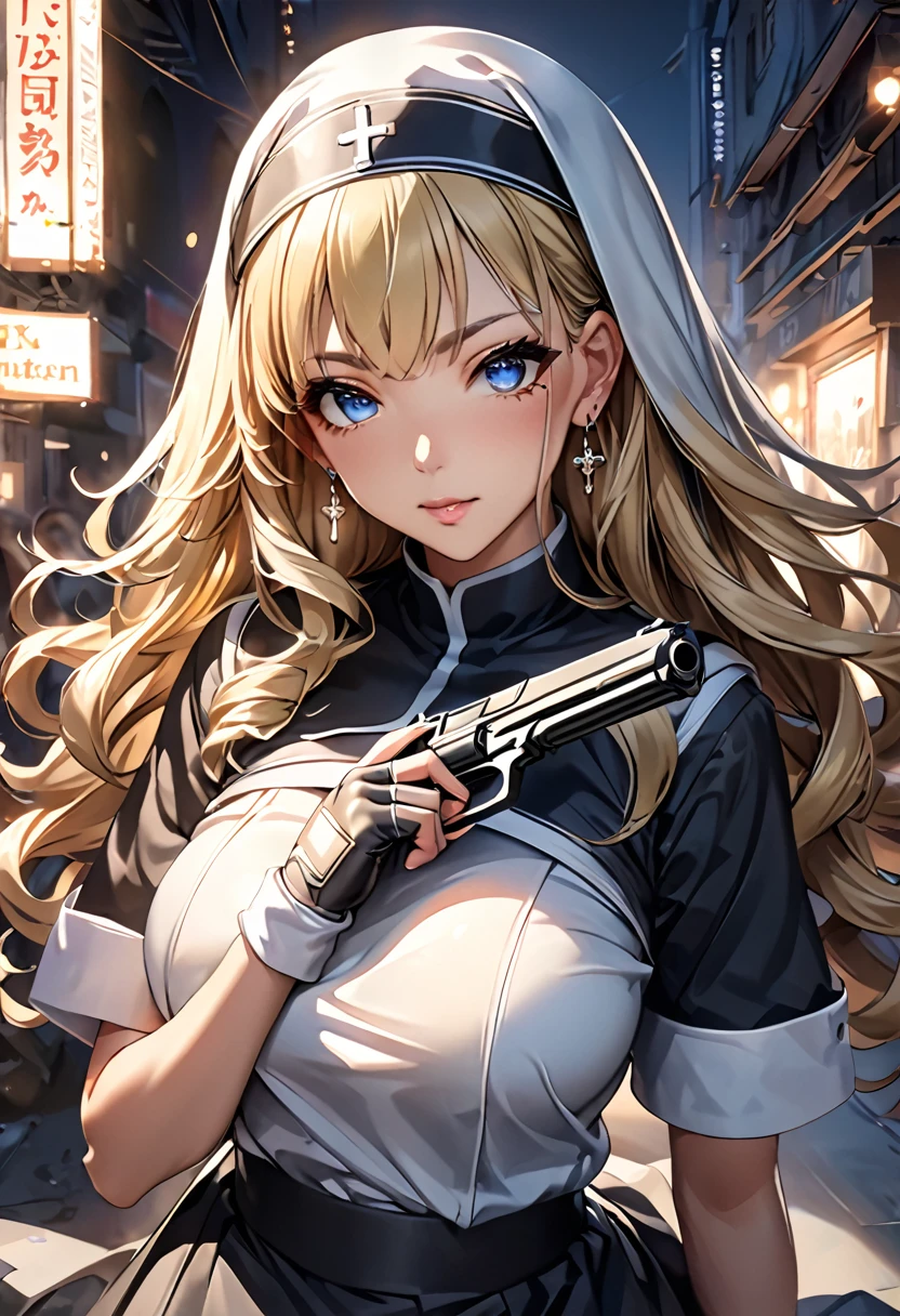 (Perfect Anatomy)、Mastepiece、Ultra High Quality、 8K、Photorealistic、masterpiece、highest quality、Ultra-high resolution、Maximum resolution、Very detailed、Professional Lighting、anime、Adult female、thin、so beautiful、Nuns、Sister Costume、Equipped with a handgun、両手にEquipped with a handgun、Blue eyes、Blonde、Drill Hair、Curly Hair、Earrings、Fingerless gloves、Tactical Boots、