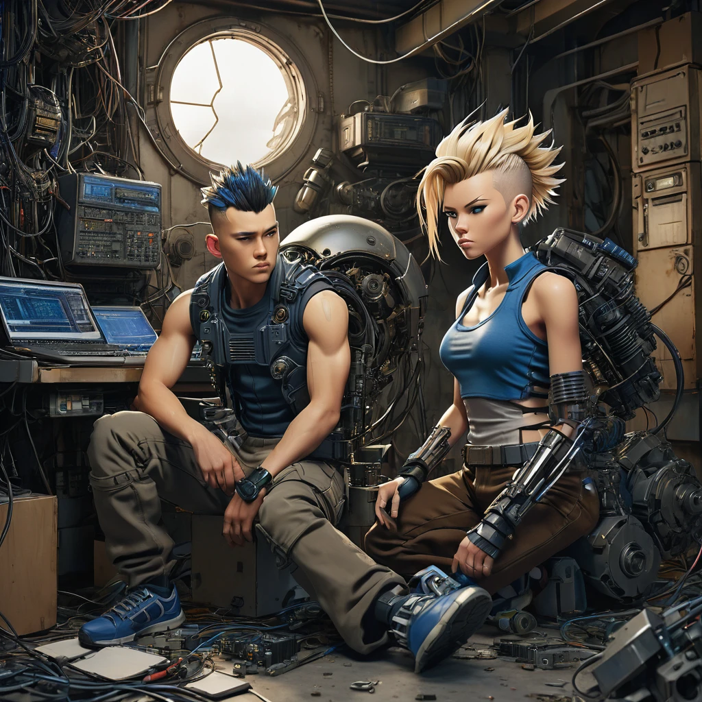 Create an image featuring two central characters surrounded by a chaotic assemblage of mechanical and cybernetic parts. The figure on the left is seated, with fair skin and shoulder-length blonde hair, wearing a gray tank top, brown pants, and cobalt blue shoulder armor. They are holding a colorful sneaker and focusing on repairing it. The figure on the right is kneeling with medium skin tone, sporting a large black mohawk. They wear a sleeveless shirt, dark pants, and examine a small, grotesque cybernetic head with exposed wires and a partial skull. Both display an atmosphere of concentration and are engaged in their tasks in a setting littered with robotic limbs, wires and cybernetic debris. A variety of lights and holographic projections emerge from the technological detritus, casting ambient lighting. The environment should evoke a post-apocalyptic sci-fi setting with a warm, sepia-toned background that subtly blends into a clear, clear sky. 