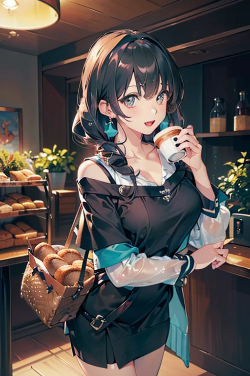 (perky chest:1.2), (pointed chest:1.2),(((Black Tunic:1.3))),(((cakes and bread in the basket),Cute and beautiful girl,Cute round face,Cute smile,with blush cheeks,Red Lip,solo, looking at viewer, open mouth, have a cute grass of cute beergrass,black hair, dark green eyes, dress, bare shoulders, jewelry, collarbone, sidelocks, hairband, earrings, indoors, off shoulder, sweater, arms behind back, plant, short hair with long locks, gild hairband, off-shoulder dress, sweater dress, off-shoulder sweater, black sweater, dark gord hair, big side hair, very long side hair,is rendered in (masterpiece: 1.2, best quality), with (ultra high resolution) and an exquisite (depth of field),(Bangs are see-through bangs),hair pin,hair adornments,detailed clothes features,Detailed hair features,detailed facial features,(Dynamic angles),(Dynamic and sexy poses),Cinematic Light,(masutepiece,top-quality,Ultra-high resolution) ,(The 8k quality,Anatomically accurate facial structure,),(Sea Art 2 Mode:1.3),(Image Mode Ultra HD) ,(Hold a coffee in your hand:1.3),delicate beautiful face, Bright blue eyes, cute eyes, sparkling eyes, Big eyes, (perky chest:1.1), (pointed chest:1.3), looking at viewer,
