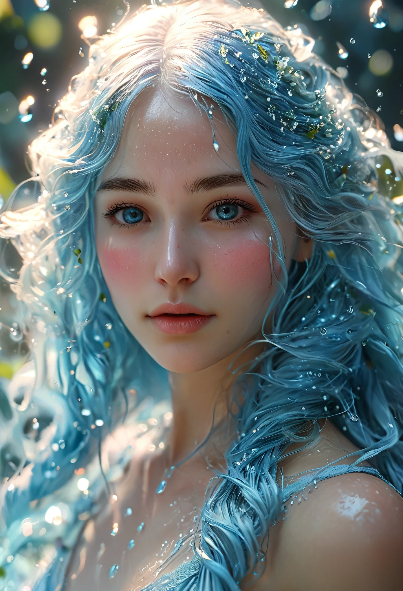 1 linda garota com cabelo azul claro, Espírito de água, água de nascente interna fluindo de seu corpo, gotas de água em sua pele, alta qualidade, 8K, fotorrealista, Obra de arte, fantasia, iluminação cinematográfica, cores vibrantes, rosto e olhos detalhados, Recursos delicados, expressão serena, roupas detalhadas, etéreo