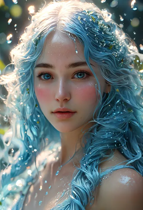 1 beautiful girl with light blue hair, water spirit, internal spring water flowing from her body, water drops on her skin, high ...