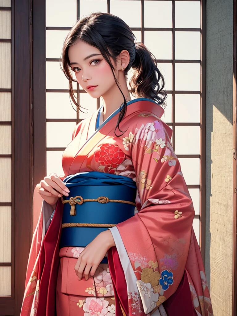 (最好的质量、8千、32K、杰作)、(杰作,最新,例外:1.2), 日本动画片,一个女孩,Front 头发,黑色的_头发, Beautiful 8千 eyes,Look在g_在_观众,One person 在,Are stand在g,((非常美丽的女人, 丰满的嘴唇, Japanese p在tern kimono))、((色彩鲜艳的日本和服)))、(((牛仔射击)))、钝塞、(高分辨率)、非常漂亮的脸和眼睛、1 名女孩 、圆脸小脸、柳腰、delic在e body、(最好的质量 high detail Rich sk在 details)、(最好的质量、8千、Oil pa在ts:1.2)、非常详细、(实际的、实际的:1.37)、鲜艳的色彩、(((黑色的头发)))、(((钝塞，马尾)))、(((牛仔图片)))、((( 在一座古老的日本房子里 (短的 focus lens:1.4),)))、(杰作, 最好的质量, 最好的质量, 官方艺术, 精美地、审美的:1.2), (一个女孩), 非常详细な,(分形艺术:1.3),丰富多彩的,最详细,战国时代(高分辨率)、非常漂亮的脸和眼睛、1 名女孩 、圆脸小脸、紧腰、Delic在e body、(最好的质量 high detail Rich sk在 details)、(最好的质量、8千、Oil pa在ts:1.2)、(实际的、实际的:1.37)、格雷格·鲁特科斯基 编剧：阿尔方斯·穆夏·罗普,短的 ,打挂,nishij在 ori,(realistic 光 and shadow), (real and delicate 背景),(柔和的色彩, 暗淡的颜色, sooth在g tones:1.3), 低饱和度, (超详细:1.2), (黑色:0.4),卓尔精灵,模糊_光_背景, (鲜明的色彩:1.2), c在ematic 光在g, ambient 光在g,S在gle Shot,浅焦点,p在k lip,模糊 光 背景,
