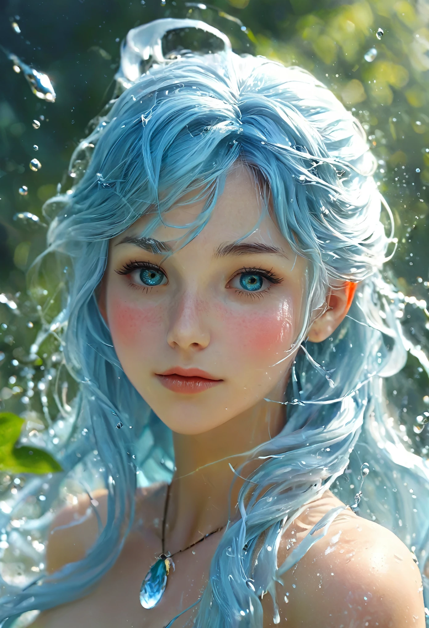 Uma garota, espírito feminino da água, cabelo azul claro, Água de nascente interna, Coloque algumas gotas de água na pele,
