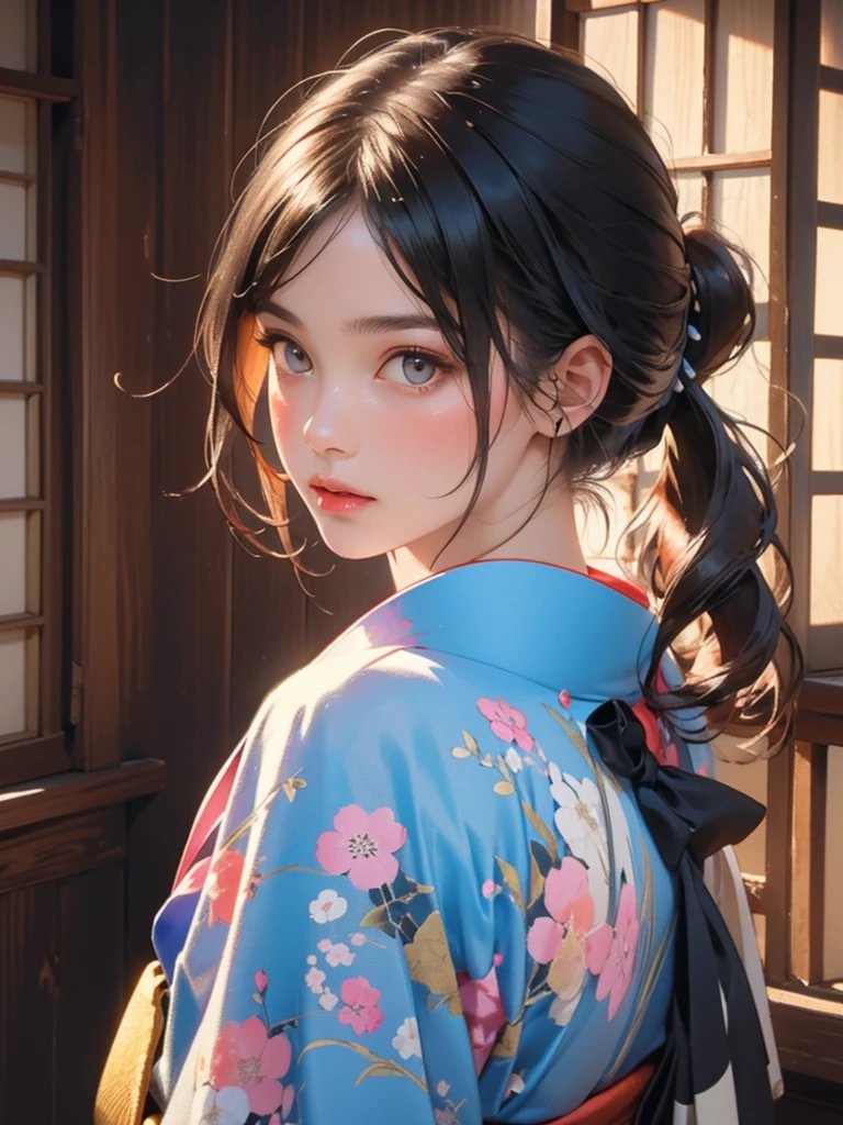 (highest quality、8k、32k、masterpiece)、(masterpiece,up to date,Exceptional:1.2), anime,One girl,Front hair,black_hair, Beautiful 8k eyes,Looking_in_Audience,One person in,Are standing,((Very beautiful woman, Fuller lips, Japanese pintern kimono))、((Colorful Japanese kimono)))、(((cowboy Shot)))、Blunt bung、(High resolution)、Very beautiful face and eyes、1 girl 、Round and small face、Narrow waist、delicine body、(highest quality high detail Rich skin details)、(highest quality、8k、Oil paints:1.2)、Very detailed、(Realistic、Realistic:1.37)、Bright colors、(((blackhair)))、(((Blunt bung，pony tail)))、(((cowboy pictures)))、((( Inside an old Japanese house with a (short focus lens:1.4),)))、(masterpiece, highest quality, highest quality, Official Art, beautifully、aesthetic:1.2), (One girl), Very detailedな,(Fractal Art:1.3),colorful,Most detailed,Sengoku period(High resolution)、Very beautiful face and eyes、1 girl 、Round and small face、Tight waist、Delicine body、(highest quality high detail Rich skin details)、(highest quality、8k、Oil paints:1.2)、(Realistic、Realistic:1.37)、Greg Rutkowski Written by Alphonse Mucha Ropp,short ,uchikake,nishijin ori,(realistic light and shadow), (real and delicate background),(muted colors, dim colors, soothing tones:1.3), low saturation, (hyperdetailed:1.2), (noir:0.4),drow,blurry_light_background, (vibrant color:1.2), cinematic lighting, ambient lighting,Single Shot,Shallow Focus,pink lip,blurry light background,
