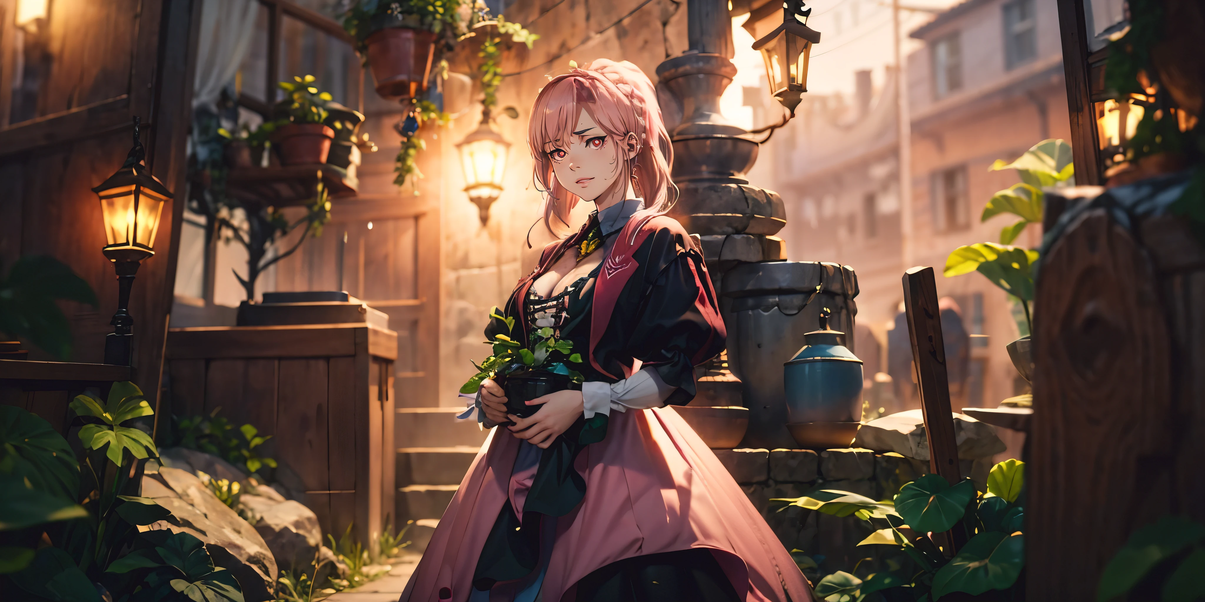 SnbAmr-KJ , crown braid , twintails, (pink hair:1.7), red eyes, seductive smile, sweating, glowing eyes, 1girl, dress, solo, breasts, black_dress, plant, looking_at_viewer, cleavage, rain, standing, flower, glow effects, godrays, Hand drawn, render, 8k, octane render, cinema 4d, blender, dark, atmospheric 4k ultra detailed, cinematic, Sharp focus, big depth of field, Masterpiece, colors, 3d octane render, 4k, concept art, trending on artstation, hyperrealistic, Vivid colors, extremely detailed CG unity 8k wallpaper, trending on CGSociety, Intricate, High Detail, dramatic,